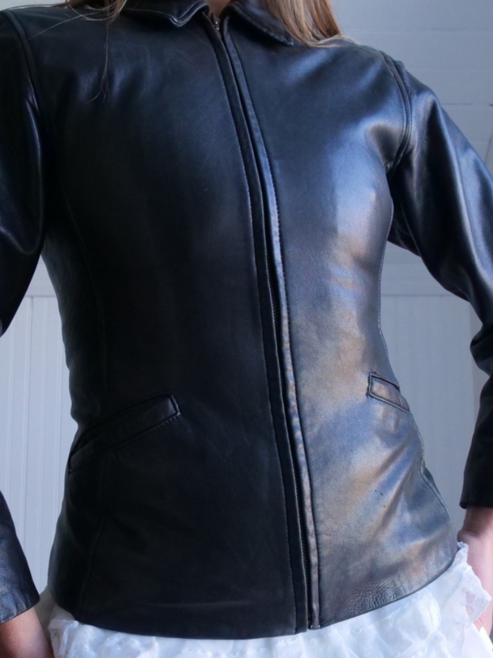 Y2K Luis Alvear fitted longline black leather jacket size Medium
